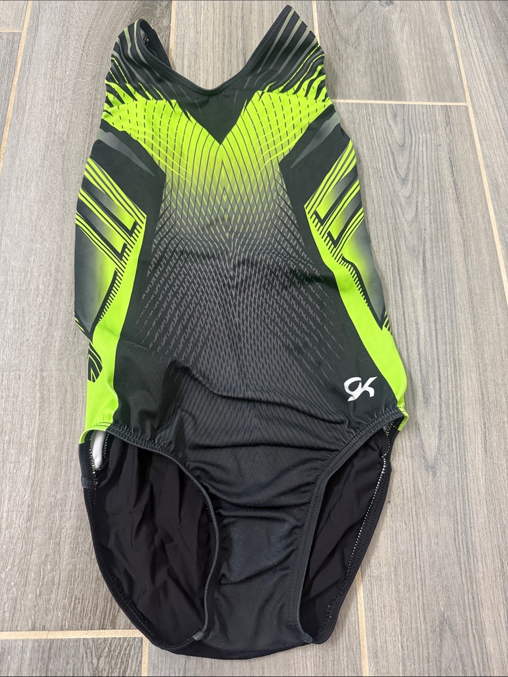 GK Black Leotard with Neon Green Shoulder Panels